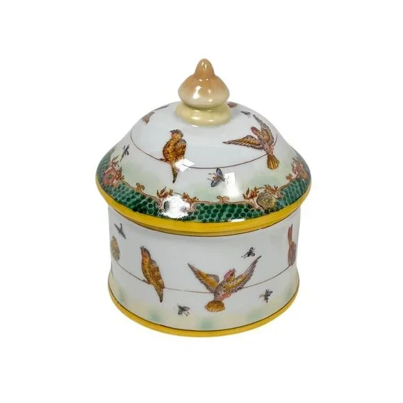 VTG Ceramic Hand Painted Lidded Jar Set Dish Asiatides Mark Chinese Birds 2PCs - Picture 2 of 15